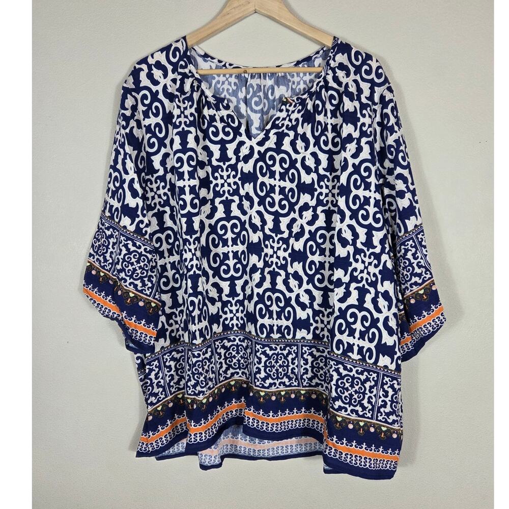 Lomon Woman's Blue White & Orange 3/4 Sleeve Tunic Top 3XL